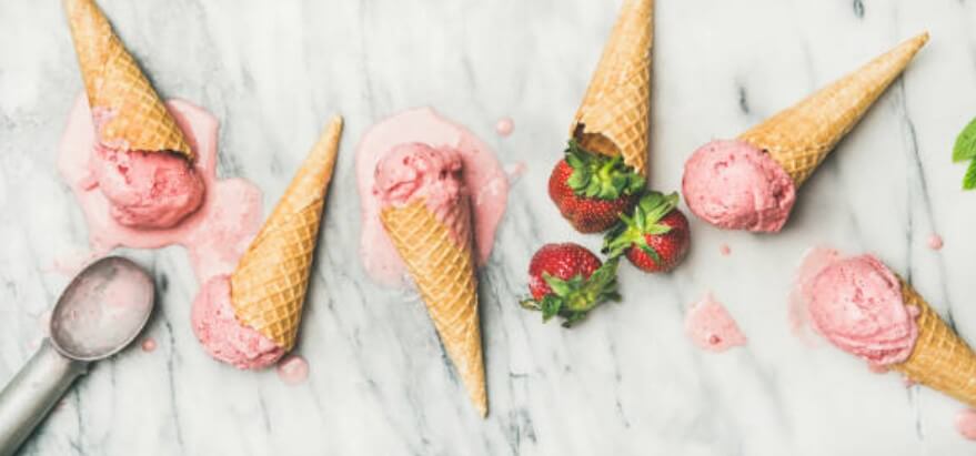 Ice-cream cones, strawberries